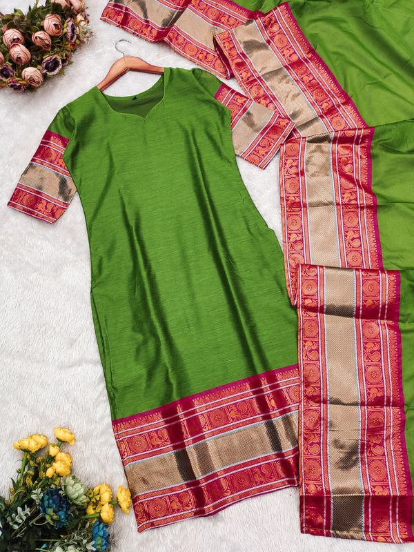 Parrot Kanchi Cotton Kurta Dupatta Set