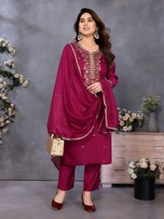 Magenta Chanderi Cotton Kurti Pant Dupatta Set - Pink