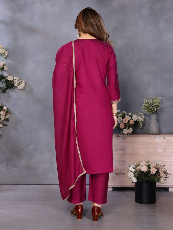 Magenta Chanderi Cotton Kurti Pant Dupatta Set