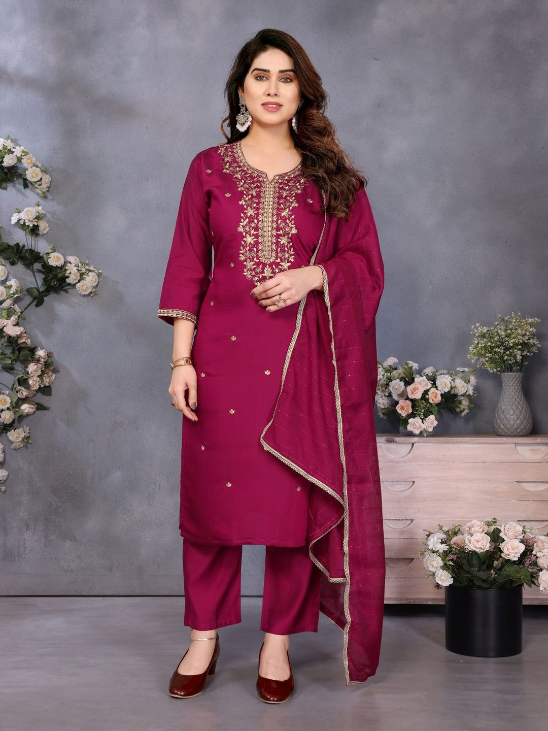 Magenta Chanderi Cotton Kurti Pant Dupatta Set