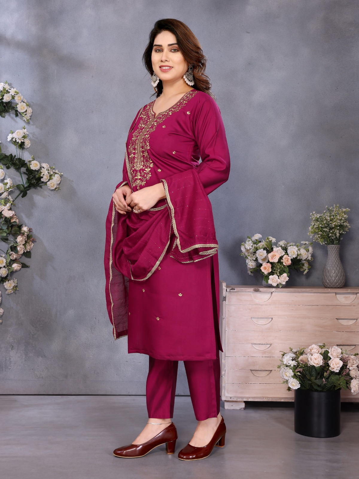 Magenta Chanderi Cotton Kurti Pant Dupatta Set