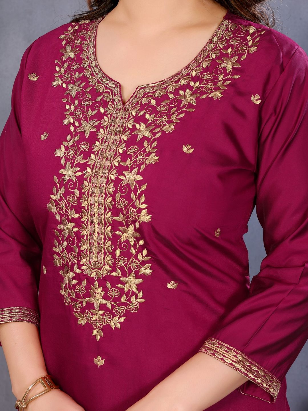 Magenta Chanderi Cotton Kurti Pant Dupatta Set