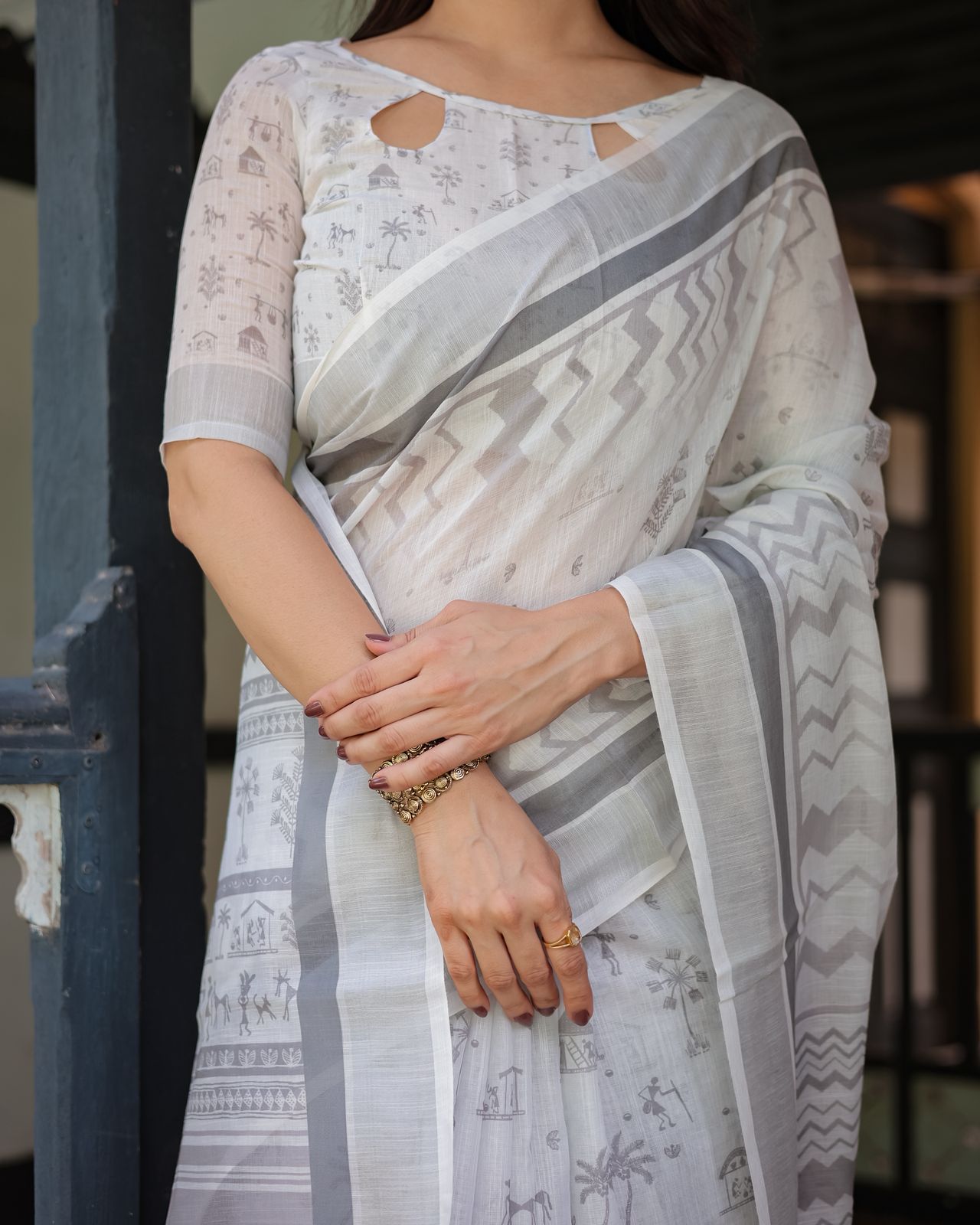 Soft White Linen Saree with Grey Tribal Motifs