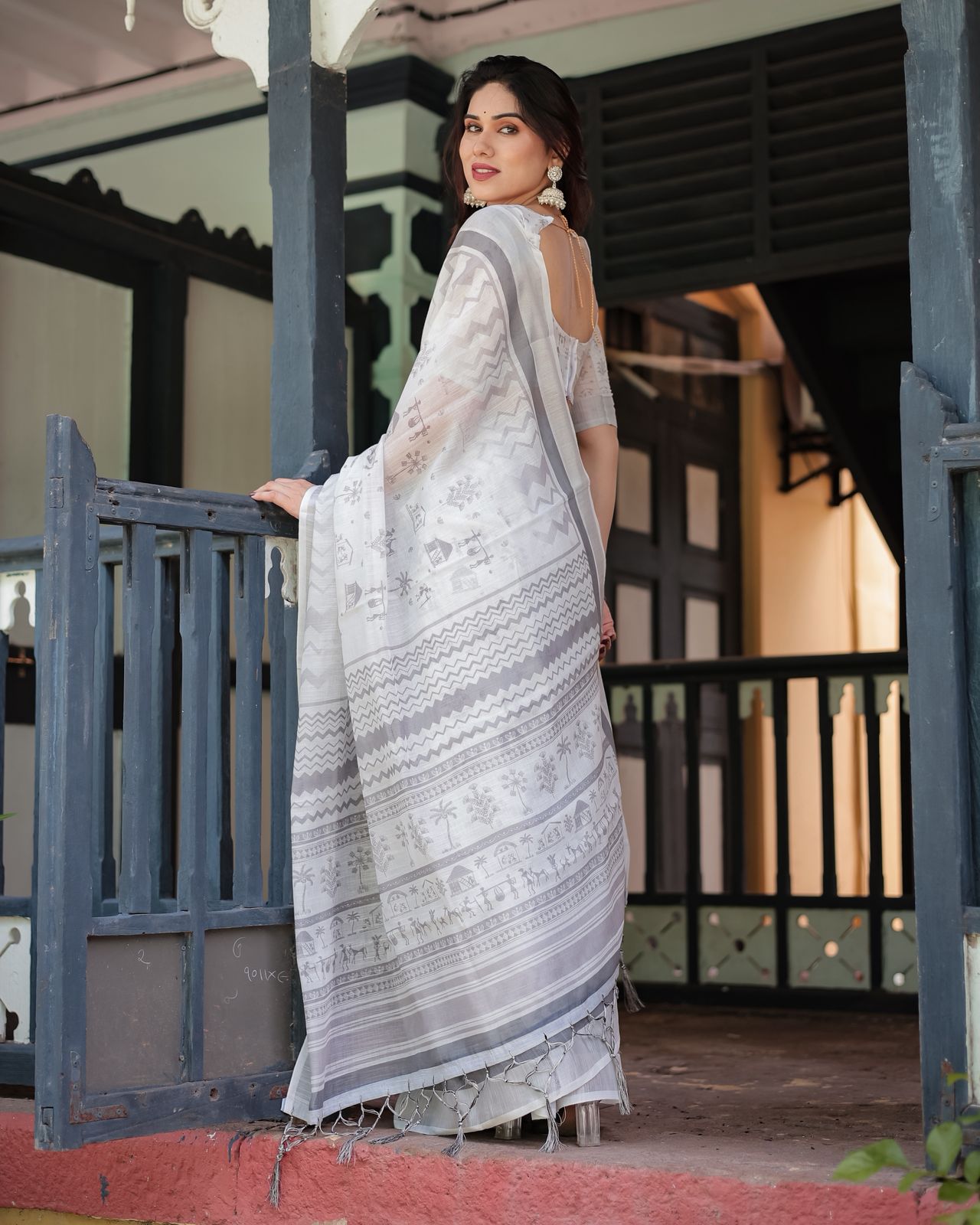 Soft White Linen Saree with Grey Tribal Motifs