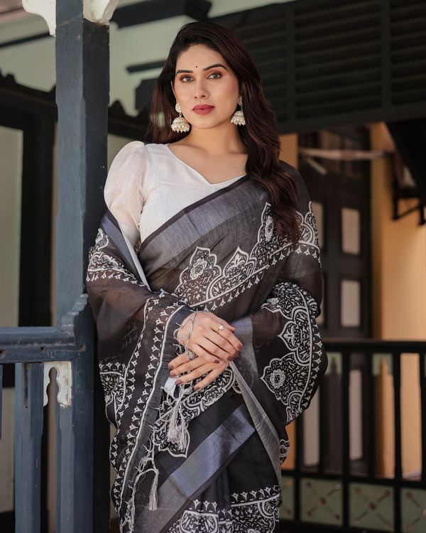 Black White Printed Pure Linen Saree With Tassels