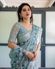 Floral Ocean Blue Linen Saree With Blouse Piece - Sky Blue