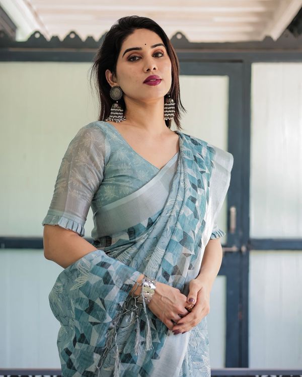 Floral Ocean Blue Linen Saree With Blouse Piece