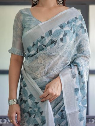 Floral Ocean Blue Linen Saree with Blouse Piece