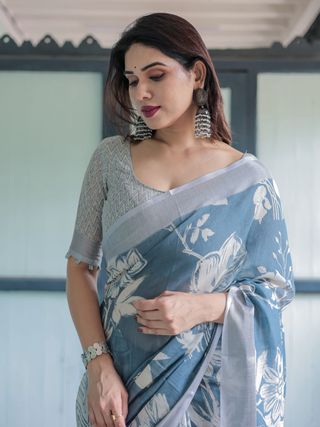 Blue Printed Linen Saree for Women