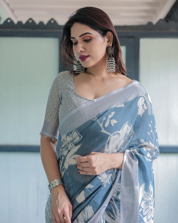 Blue Printed Linen Saree For Women