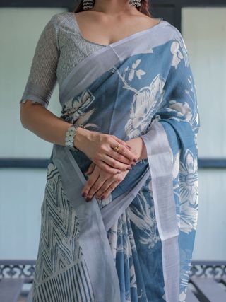 Blue Printed Linen Saree for Women