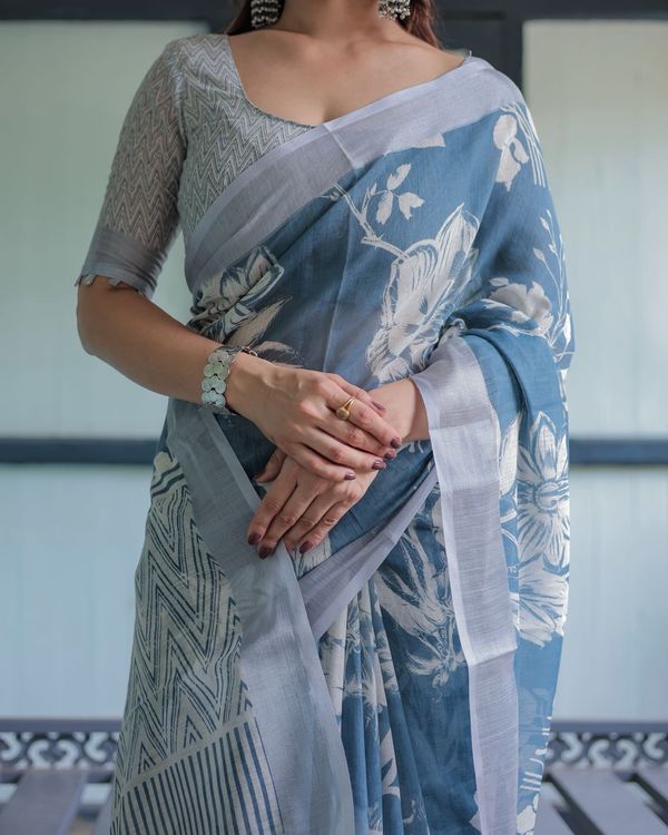 Blue Printed Linen Saree For Women