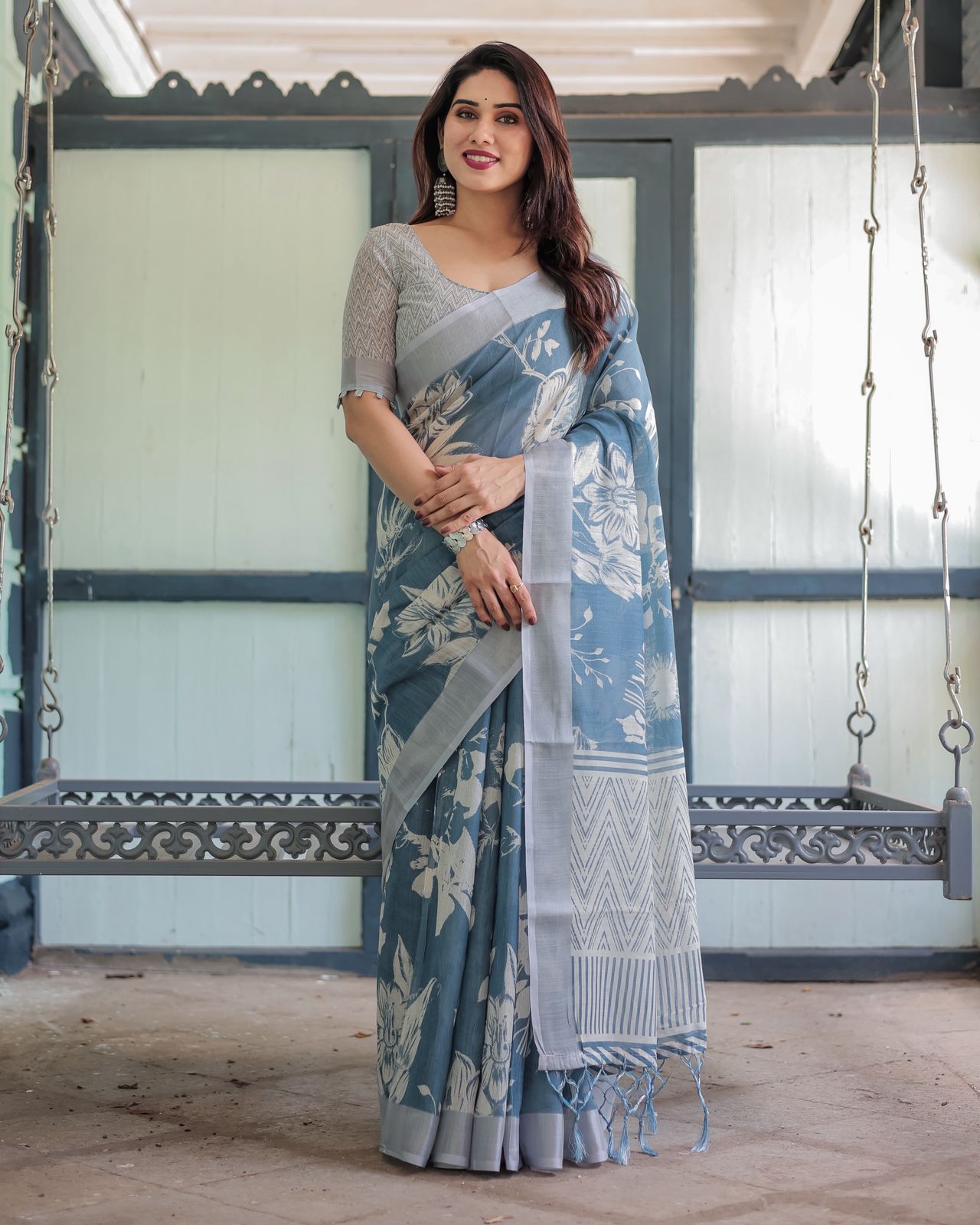 Blue Printed Linen Saree for Women