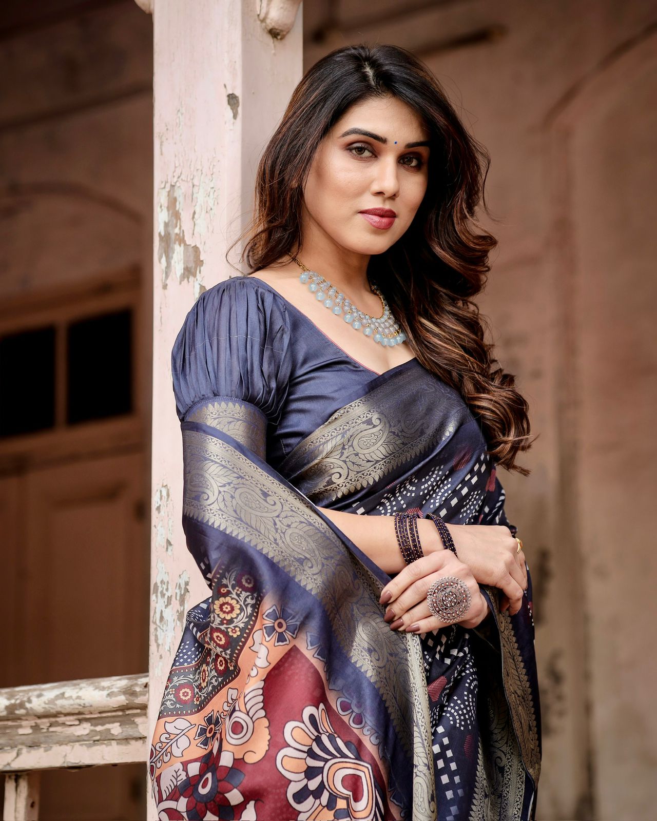 Navy Blue Printed Silk Saree With Blouse