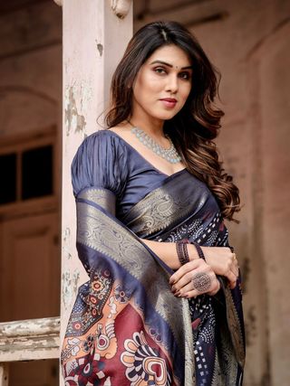 Navy Blue Printed Silk Saree With Blouse