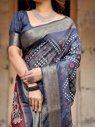 Navy Blue Printed Silk Saree with Blouse