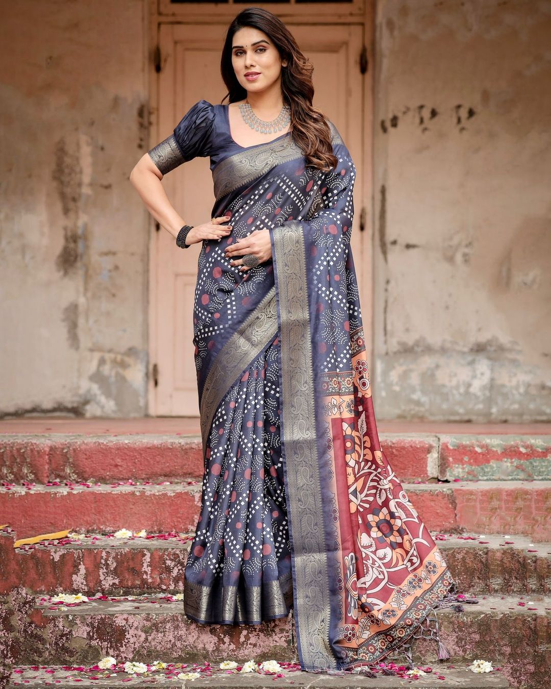 Navy Blue Printed Silk Saree With Blouse