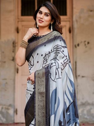 Black White Printed soft silk saree