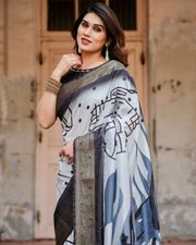 Black White Printed soft silk saree - Black