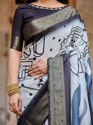 Black White Printed Soft Silk Saree