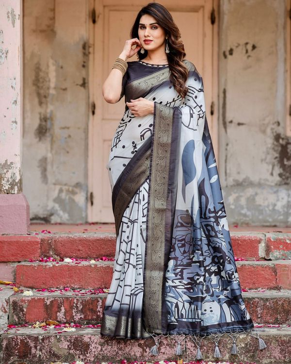 Black White Printed soft silk saree