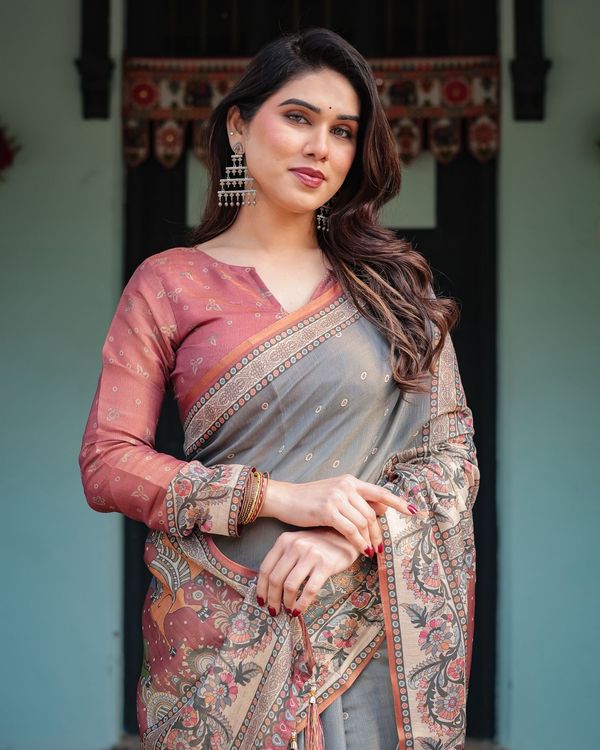 Classic Grey Handloom printed saree