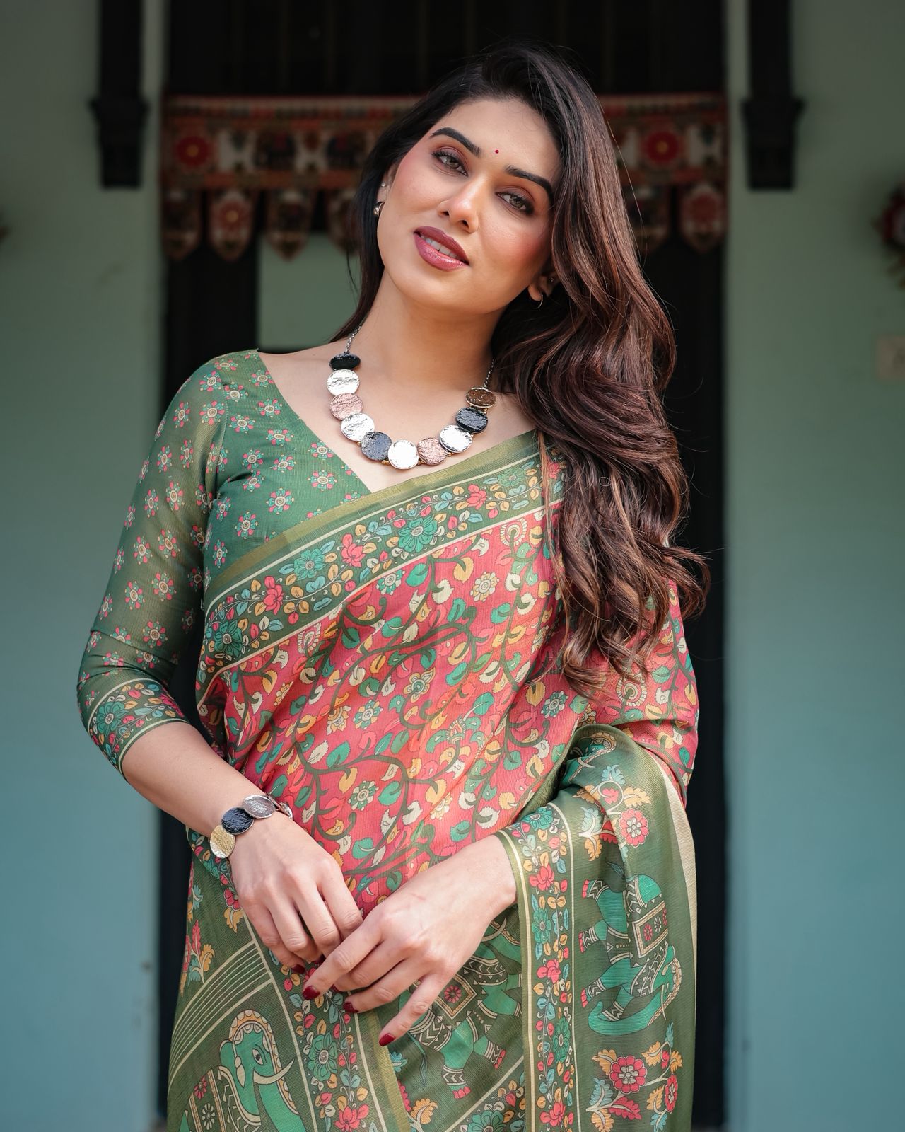 Green Pink Printed Handloom Saree With Blouse Piece