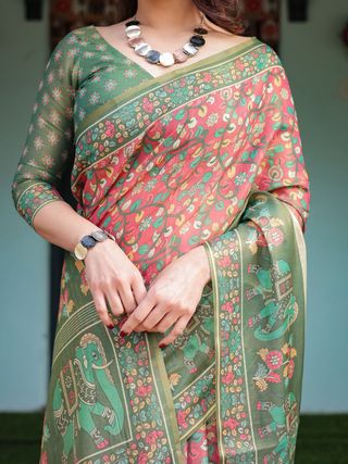 Green Pink Printed Handloom Saree with Blouse Piece