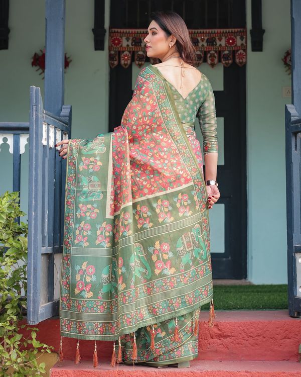 Green Pink Printed Handloom Saree With Blouse Piece