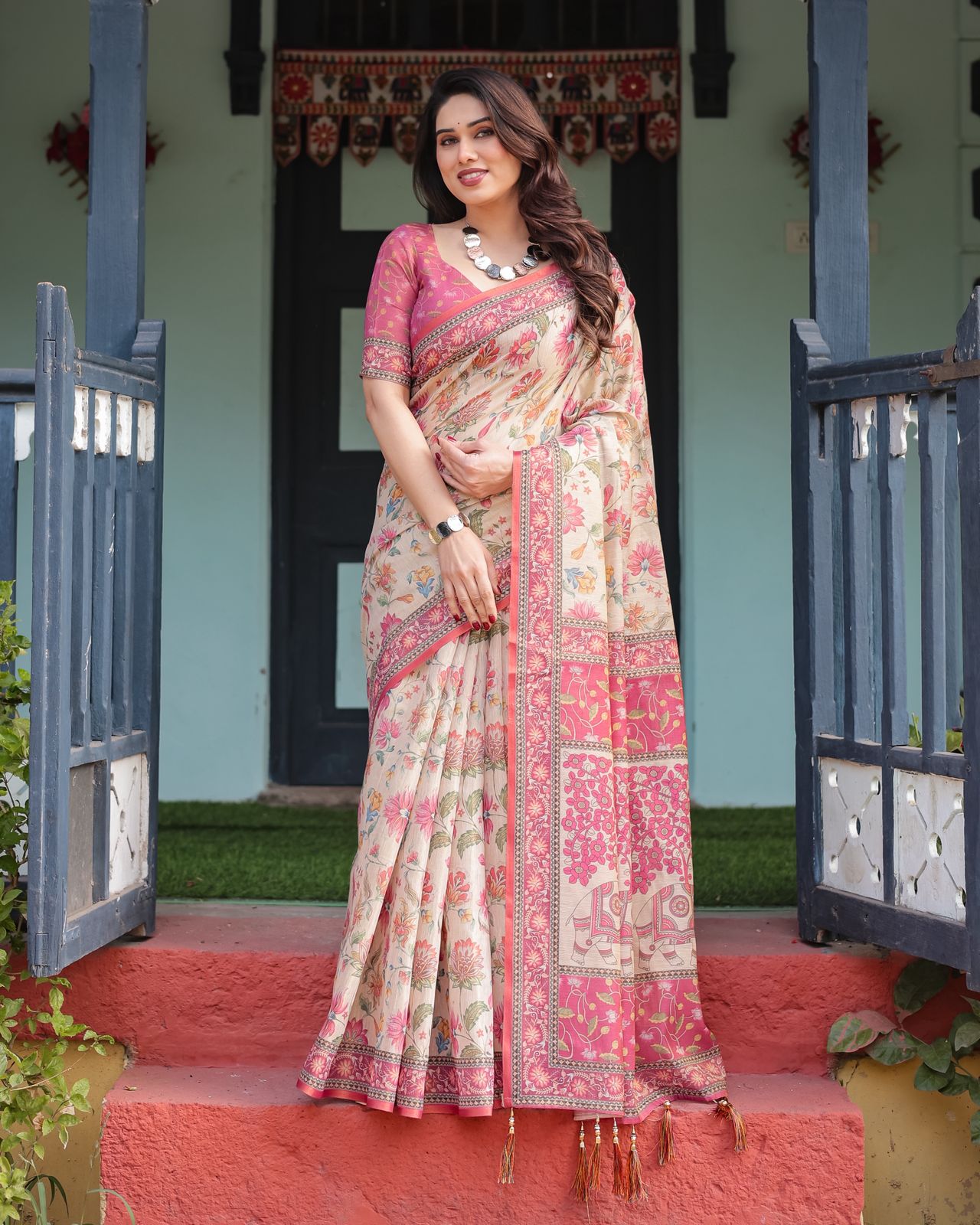 Cream Pink Floral printed handloom saree