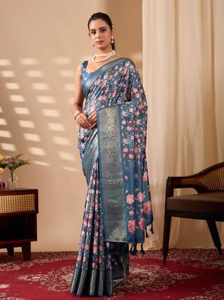 Teal Floral Lichi Silk Saree with Zari Border