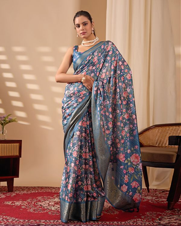 Teal Floral Lichi Silk Saree with Zari Border