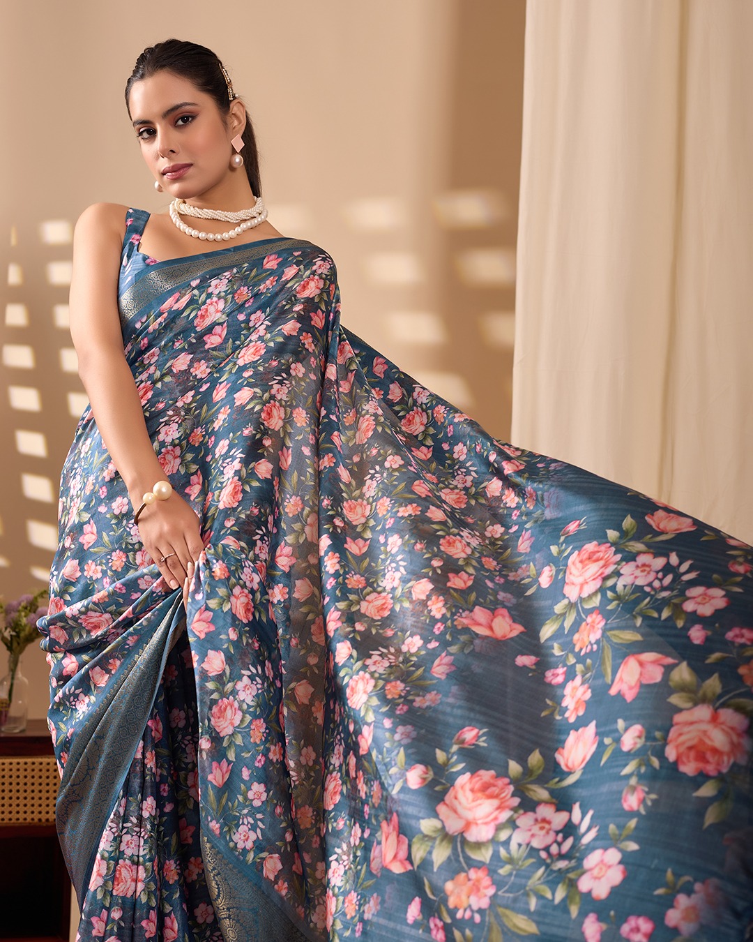 Teal Floral Lichi Silk Saree with Zari Border