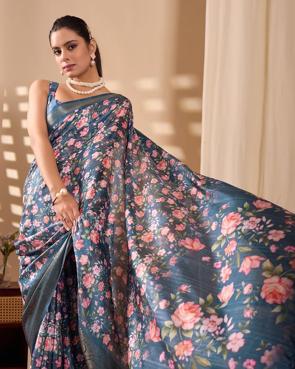 Teal Floral Lichi Silk Saree with Zari Border