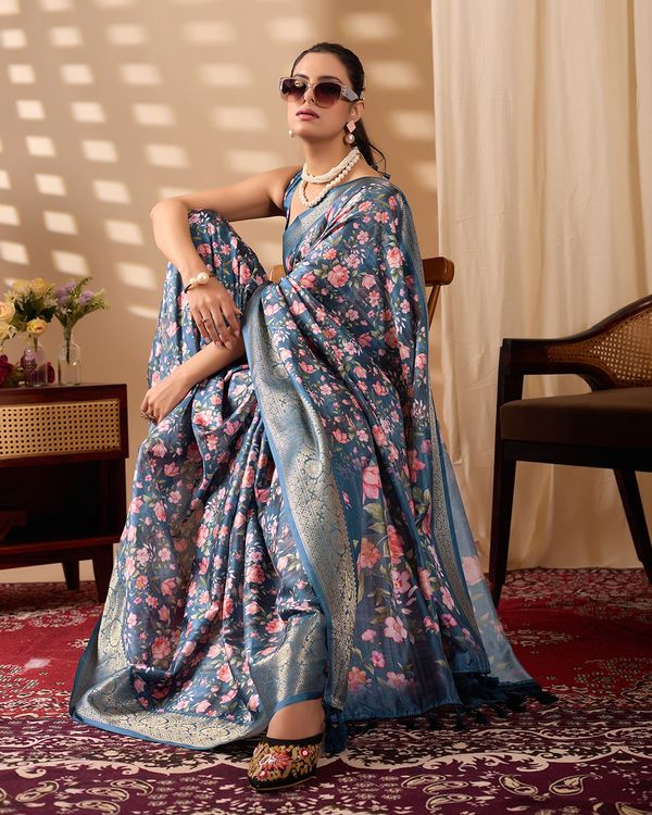 Teal Floral Lichi Silk Saree with Zari Border