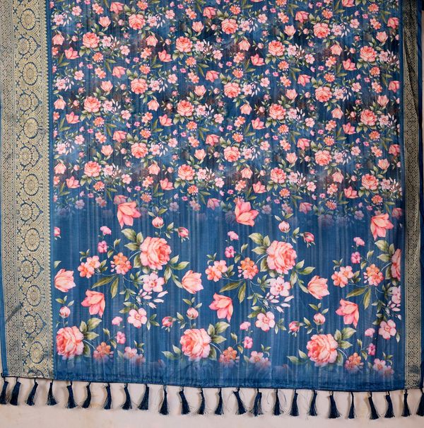 Teal Floral Lichi Silk Saree with Zari Border