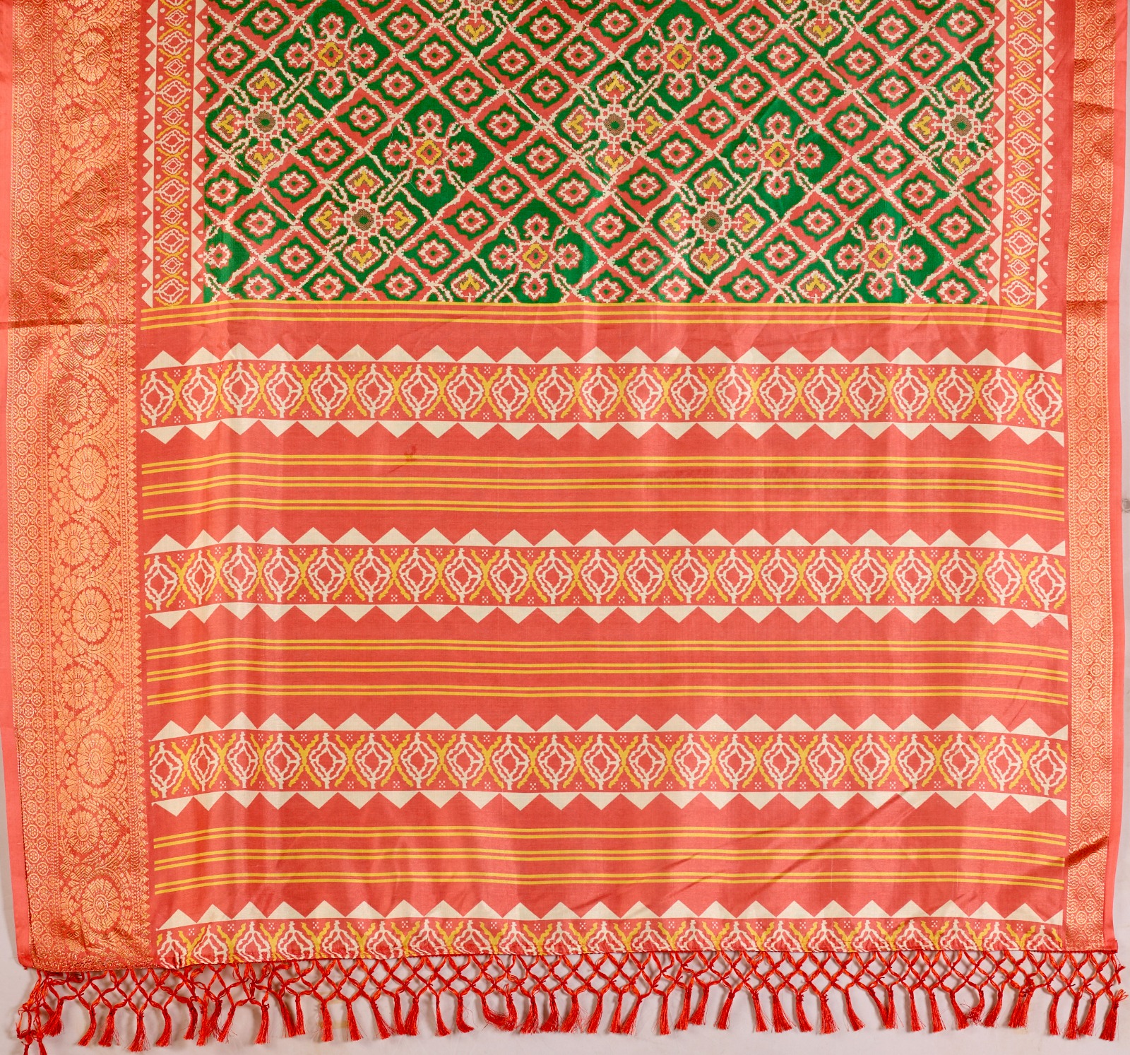 Coral Green Patola Silk Saree with Zari Border