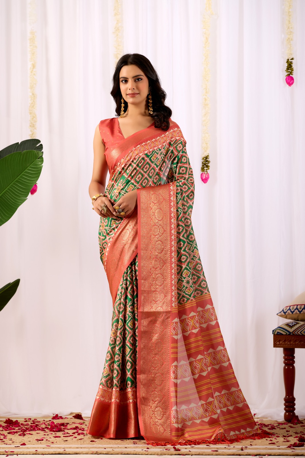 Coral Green Patola Silk Saree with Zari Border