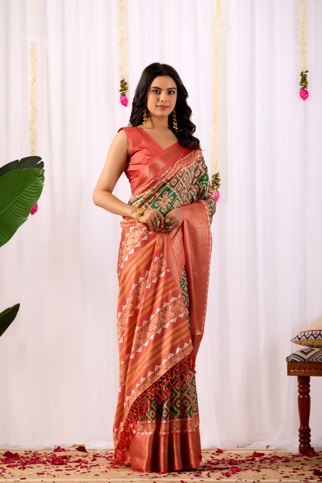 Coral Green Patola Silk Saree with Zari Border