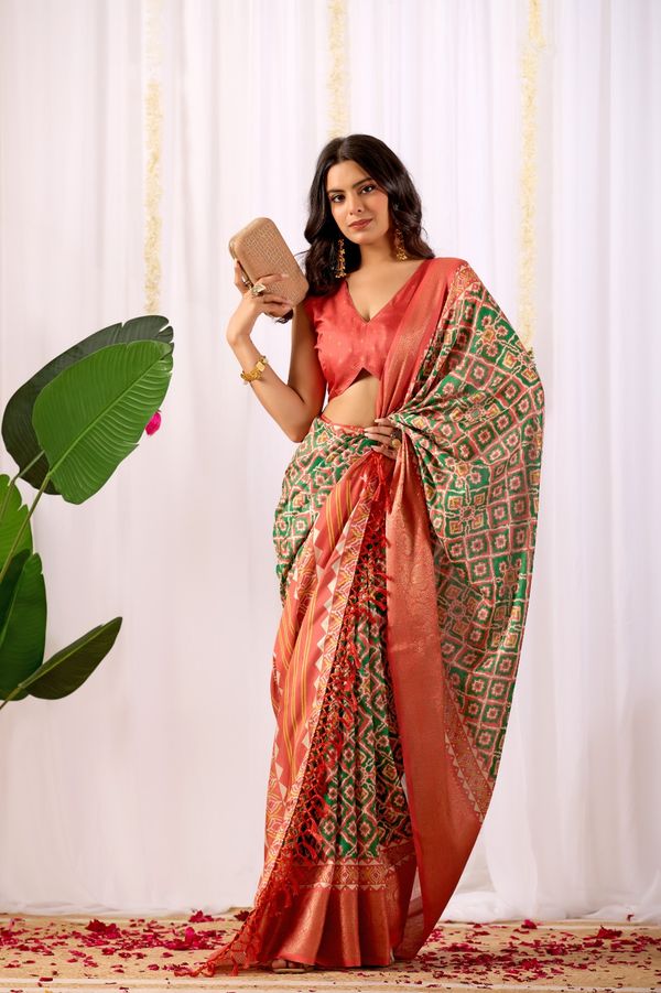 Coral Green Patola Silk Saree with Zari Border