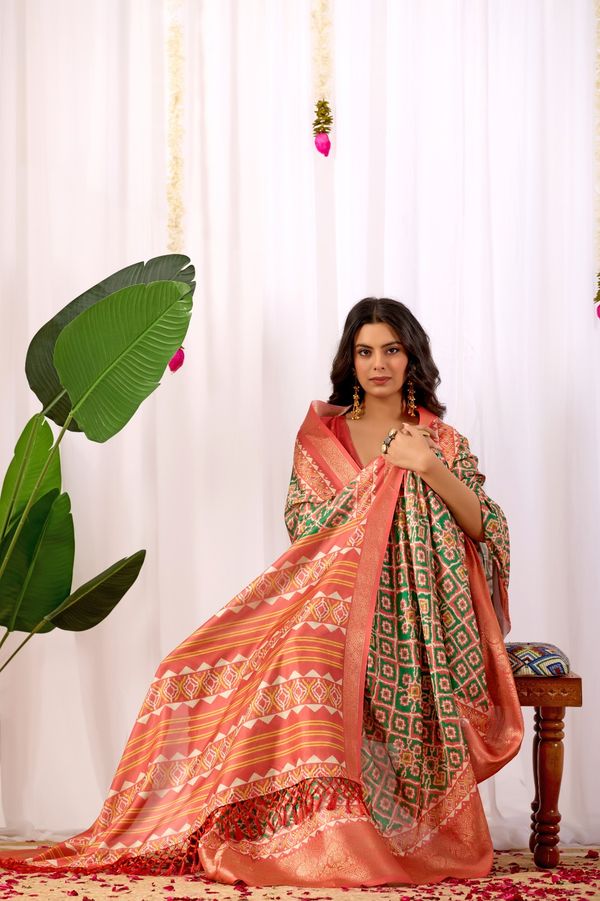 Coral Green Patola Silk Saree with Zari Border