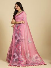 Pink Floral Print Designer Cotton Saree with Blouse - Pastel Pink