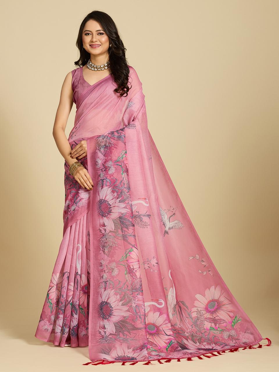 Pink Floral Print Designer Cotton Saree with Blouse