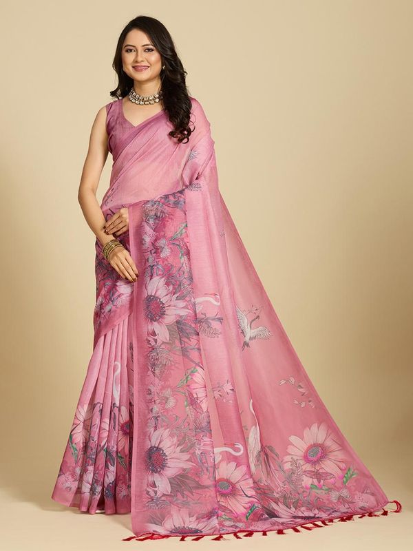 Pink Floral Print Designer Cotton Saree with Blouse
