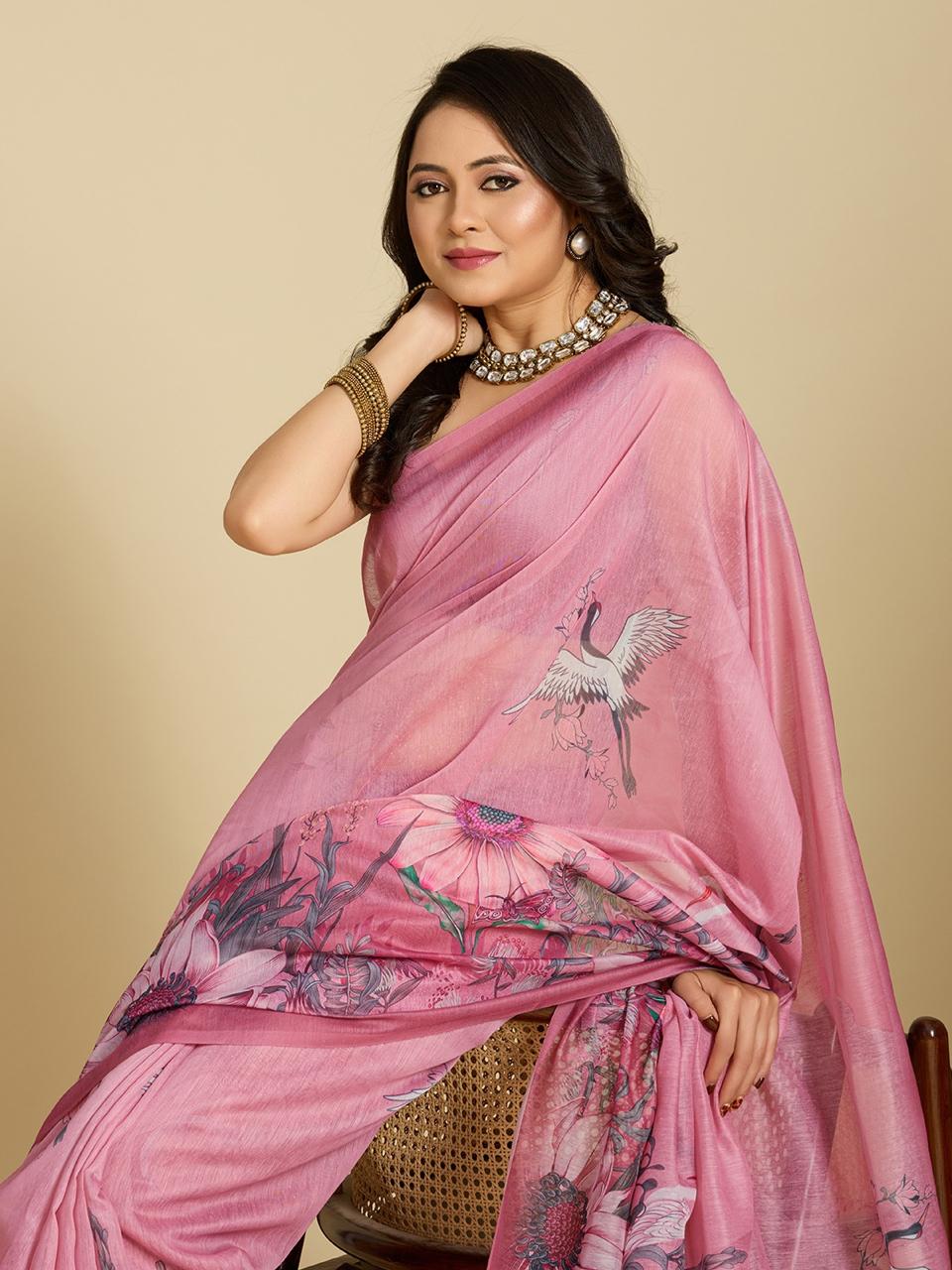 Pink Floral Print Designer Cotton Saree with Blouse