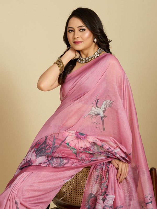 Pink Floral Print Designer Cotton Saree with Blouse