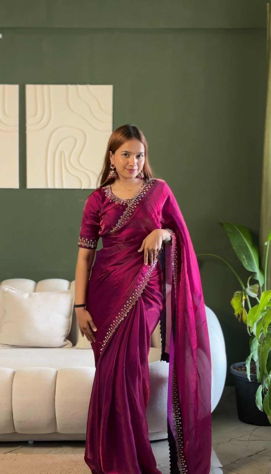 Magenta Space Silk Saree with Jarkan Diamond Work