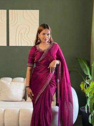 Magenta Space Silk Saree with Jarkan Diamond Work