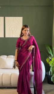 Magenta Space Silk Saree with Jarkan Diamond Work - wine