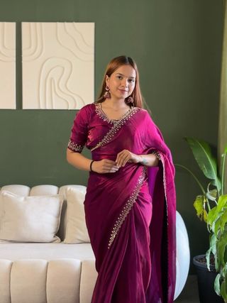 Magenta Space Silk Saree with Jarkan Diamond Work